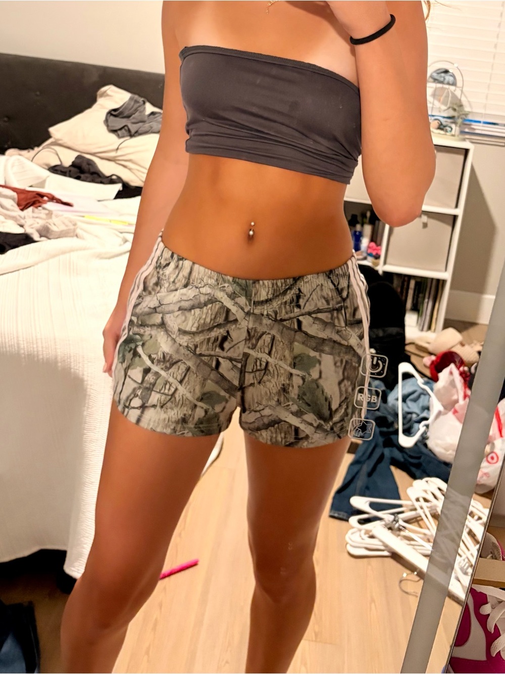 Edikted High-Waist Camo Print Shorts in Green and Gray